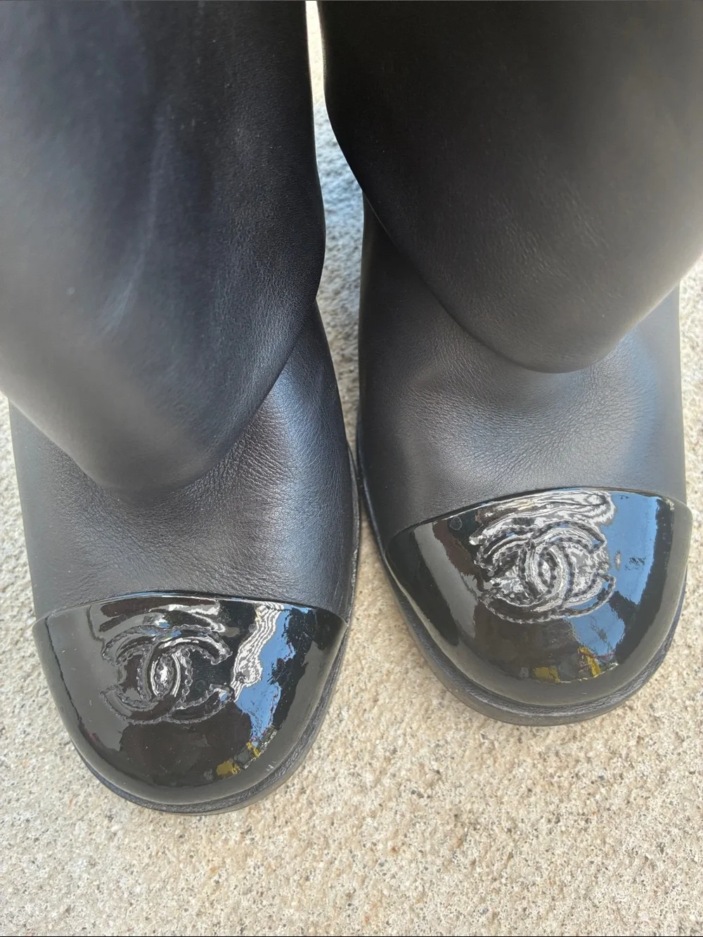 CHANEL Black Leather Fold-Over Mid-Calf Boots with Patent Cap Toe Logo